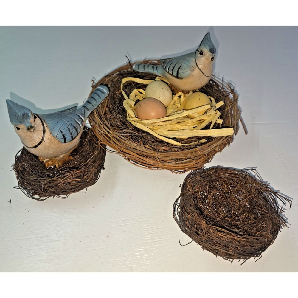 Hand Carved Hardwood Blue Jays with Nest and Eggs